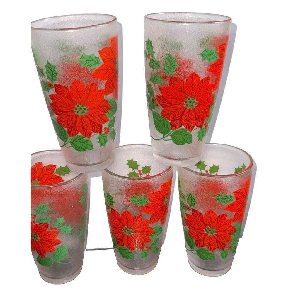 Vtg H J Stotter Tumblers Christmas Poinsettia Glasses Acrylic Set Of 5 Holiday